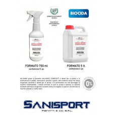 SANISPORT -  Disinfettante  SPRAY SPORT  adatto a tutti i tipi di superfici -. BIOCIDA Certificato. Brevetto IALUVANCE COMPLEX. Formato da  ml. 750